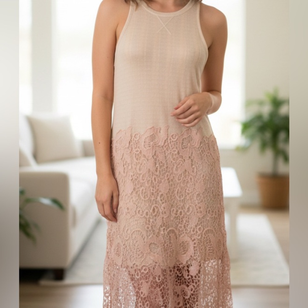 Free People Lacey Cream Tank Midi Lg DRESS